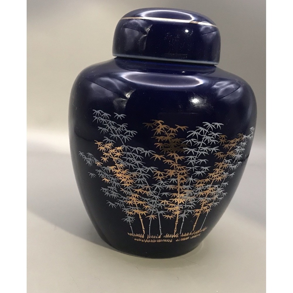 Japanese Cobalt Bamboo Blue Ginger Jar With Lid